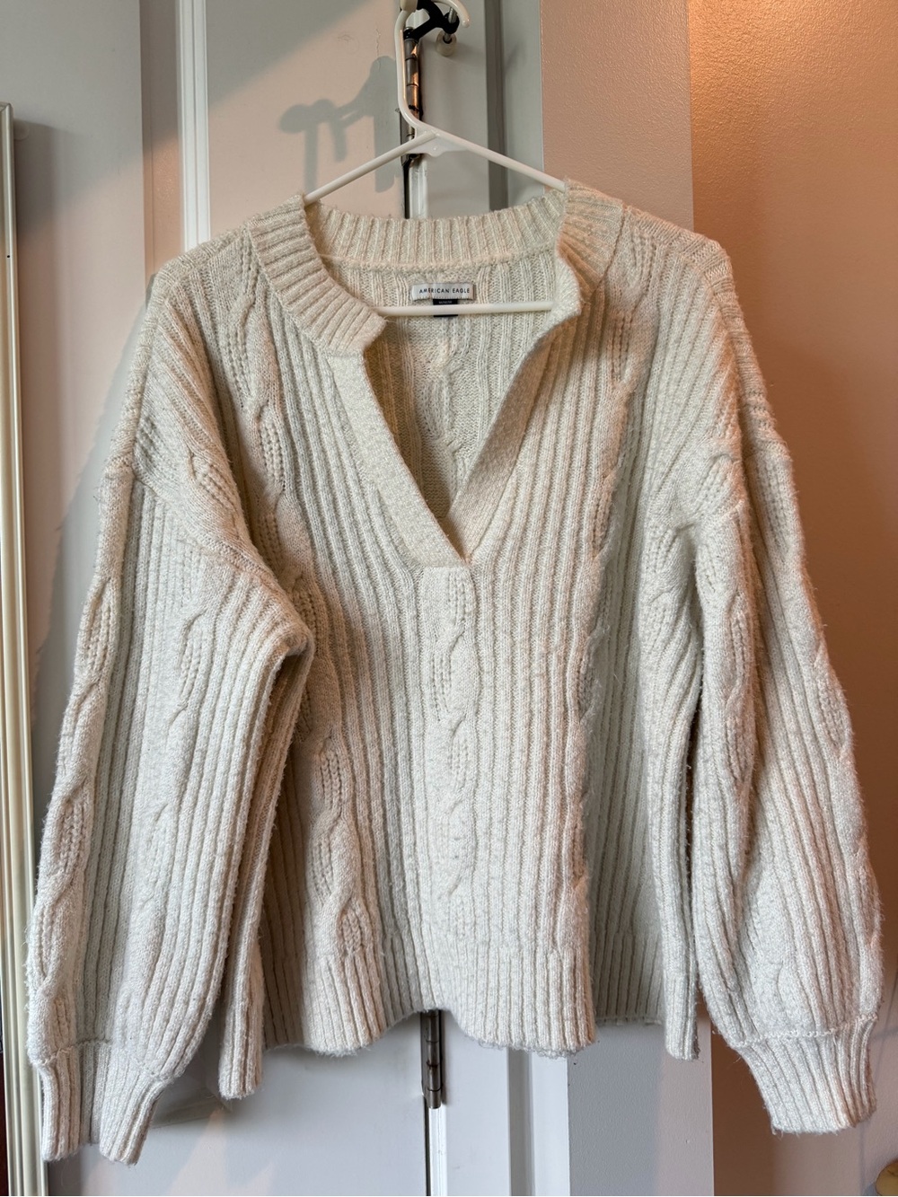 American Eagle Outfitters Cream Cable V-Neck Sweater